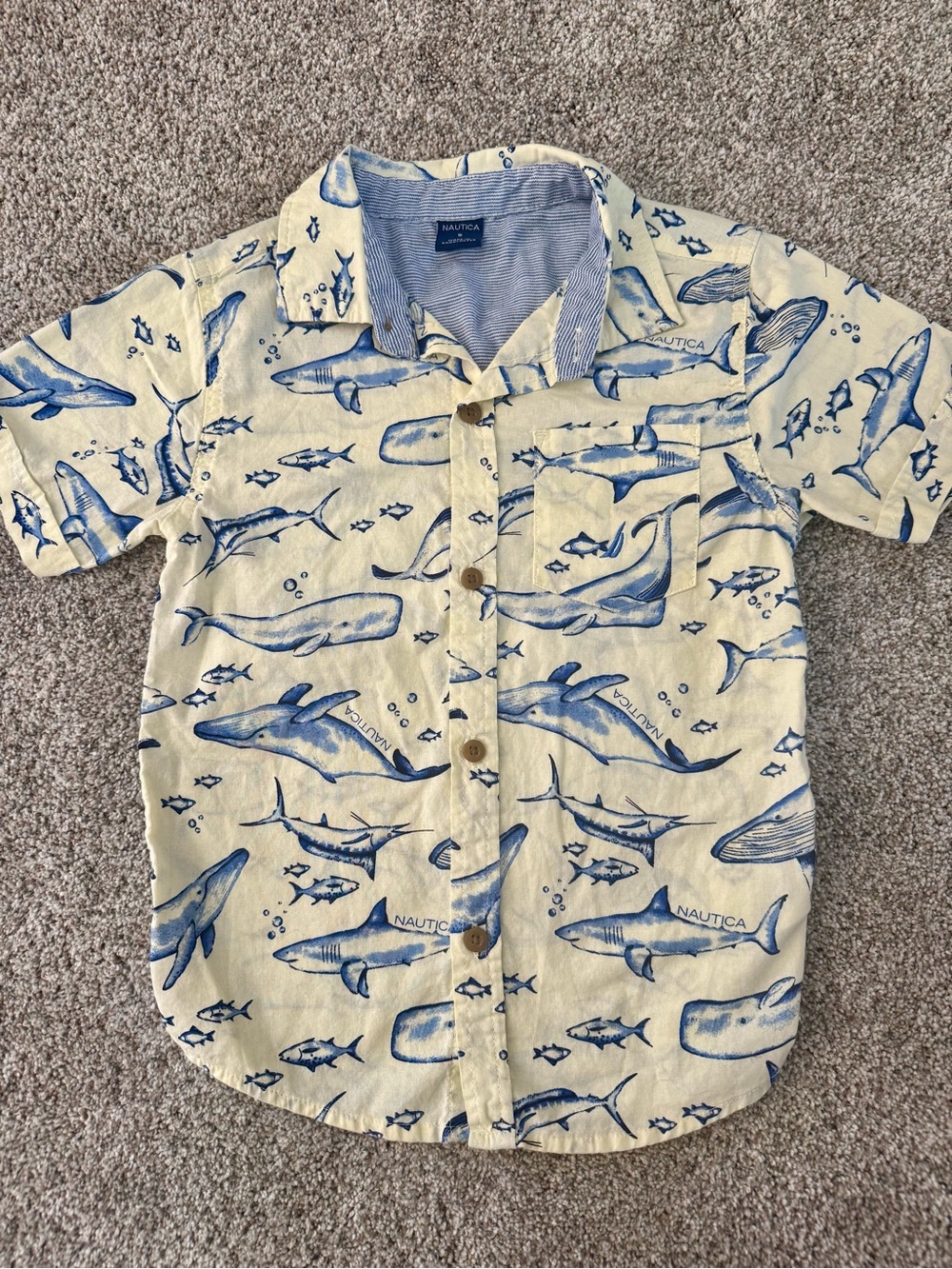 Nautica Cream Short Sleeve Button-Up with Blue Whale & Shark Print Boys Size 5